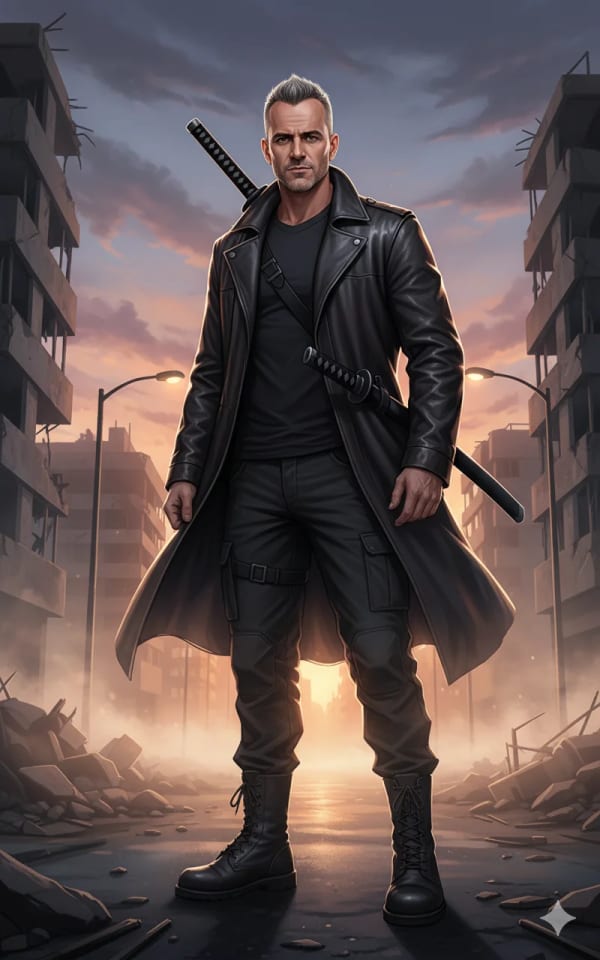 Hero in a destroyed city — AI image prompt example
