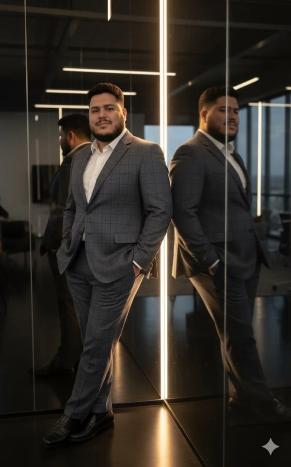 Elegant man in suit with mirror reflection — AI image prompt example