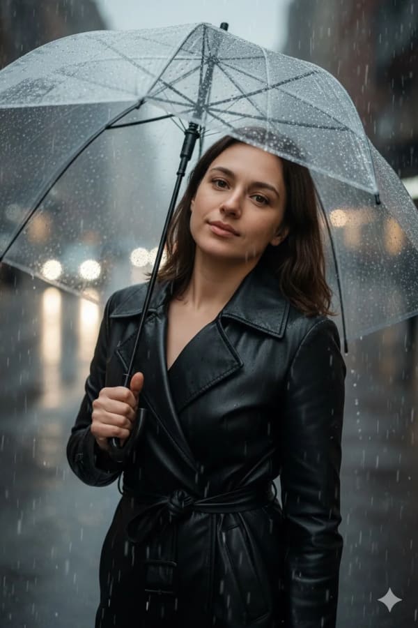 In rain with umbrella — AI image prompt example