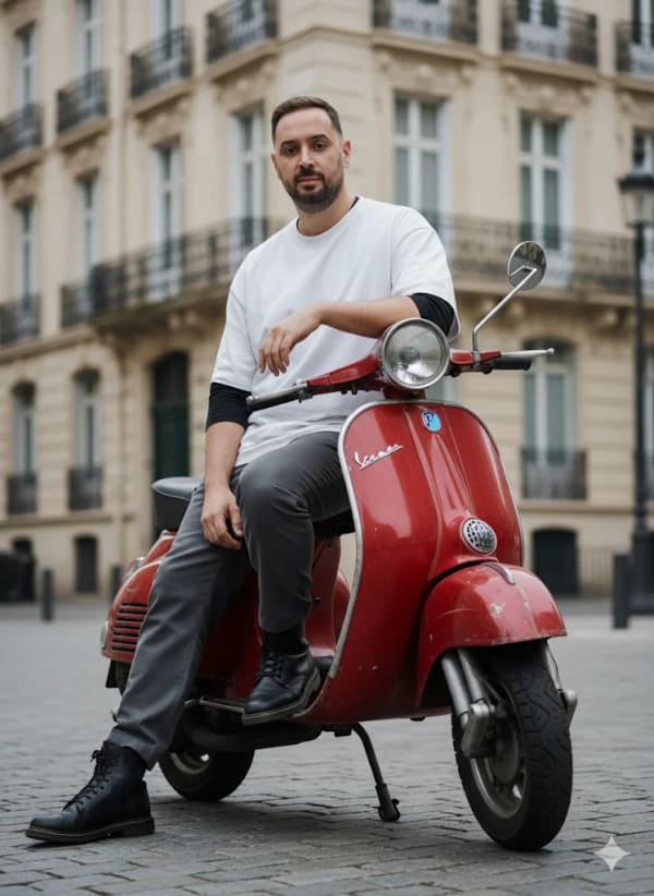 Man with red scooter — AI image prompt example