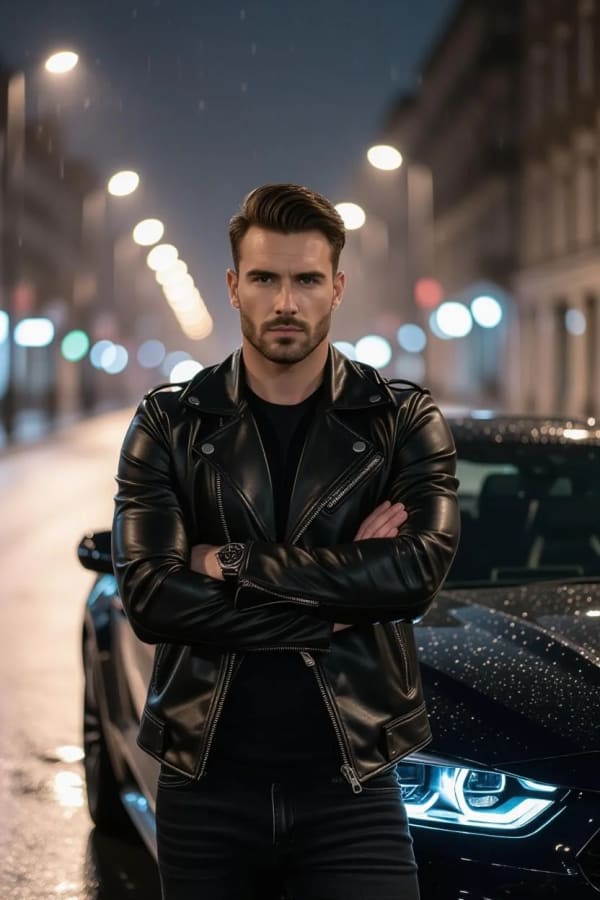 Night Street – Black Leather Jacket — AI image prompt example