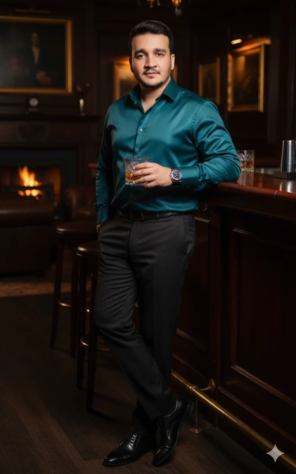 Old Money Charm A Cinematic Portrait at the Mahogany Bar — AI image prompt example