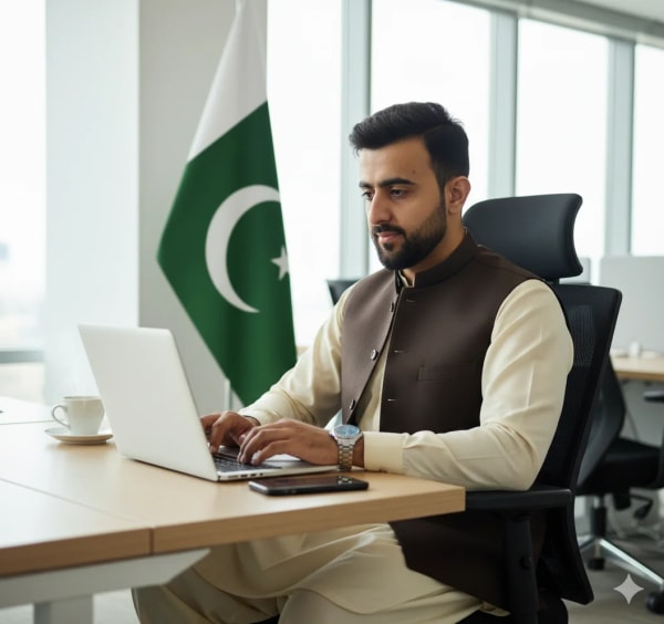Pakistani person working at laptop — AI image prompt example