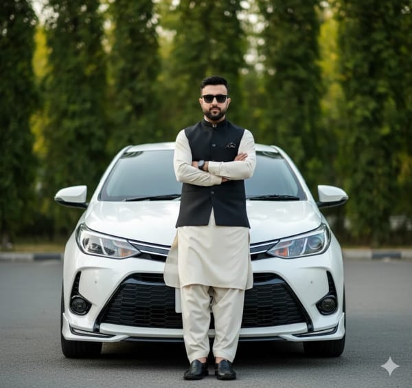 Pakistani tradition dress with car — AI image prompt example