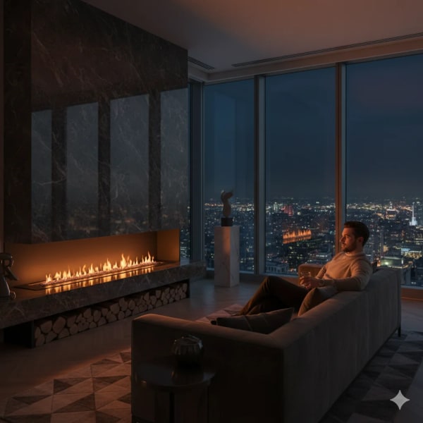 Penthouse Fireplace Modern Luxury — AI image prompt example
