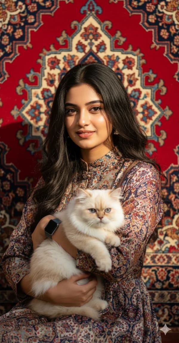 Persian Dreams: A Portrait with Feline Grace — AI image prompt example
