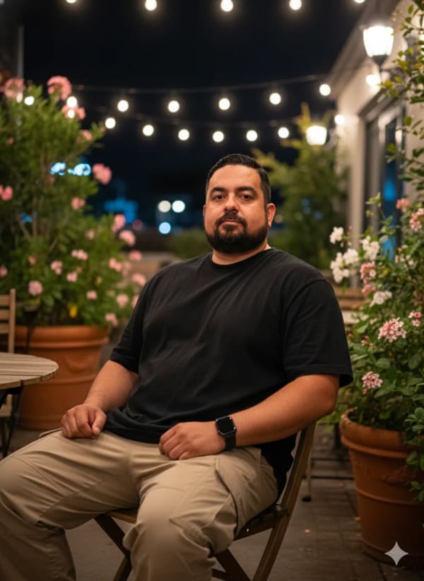 Portrait of the Night Knight at Café Editorial — AI image prompt example