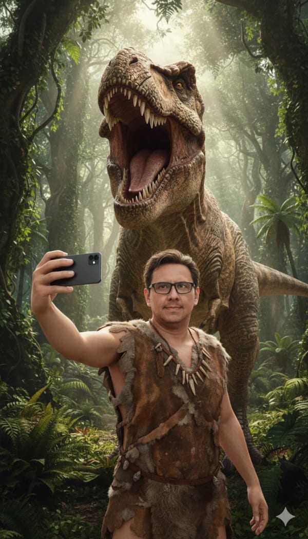 Prehistoric man selfie — AI image prompt example