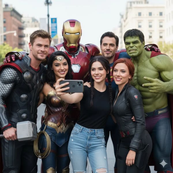Group selfie with Marvel characters — AI image prompt example