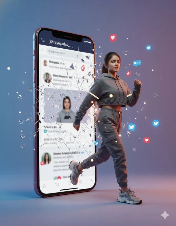 Stepping out of phone screen photo — AI image prompt example