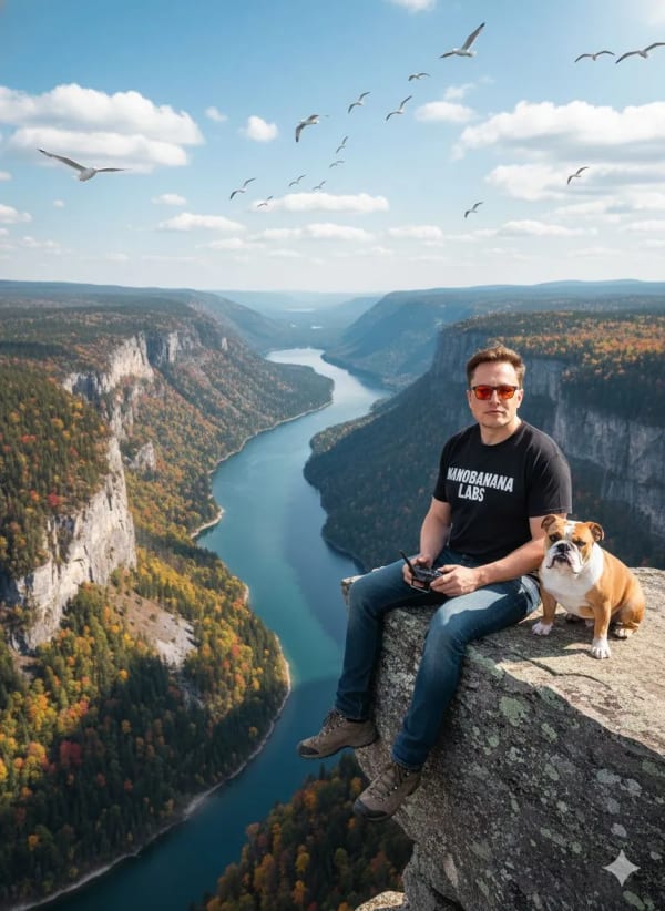 Cliffside drone shot with dog — AI image prompt example