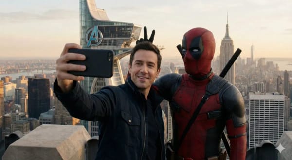 Photo with Deadpool at Avengers Tower — AI image prompt example