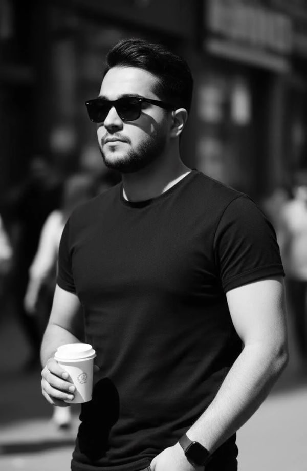 realistic black and white street photography — AI image prompt example