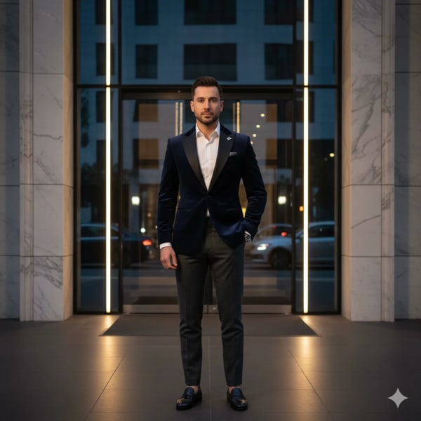 Stylish fashion man standing front of luxury apartments entrance — AI image prompt example