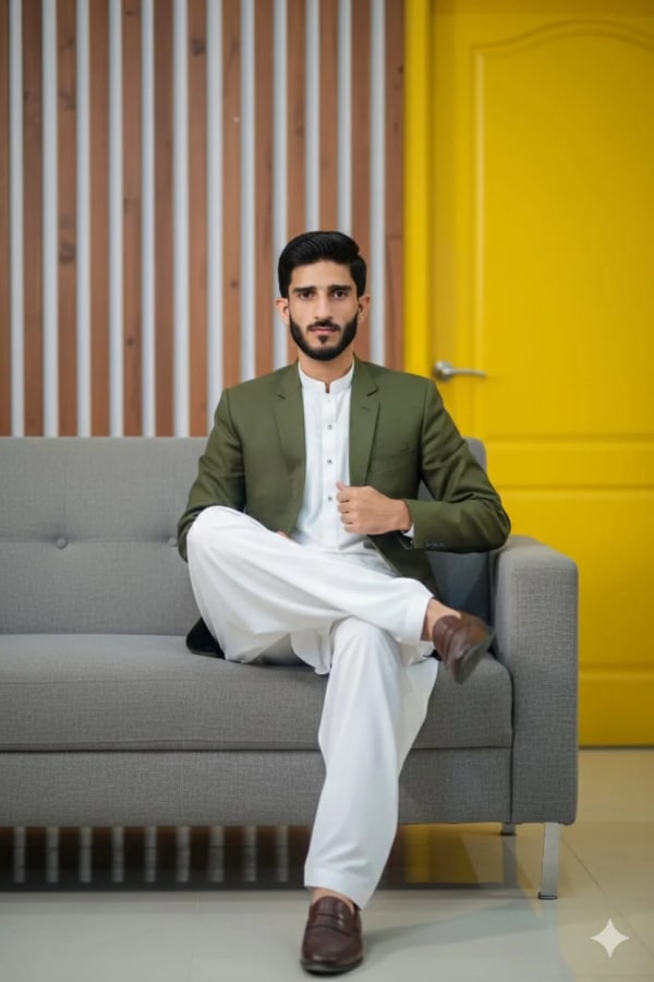 Stylish South Asian in Olive Blazer-Modern Sophisticated Portrait — AI image prompt example