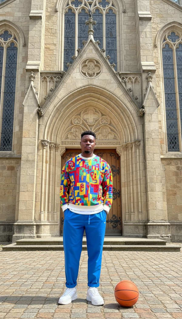 The subject is standing comfortably in front door of a church . — AI image prompt example