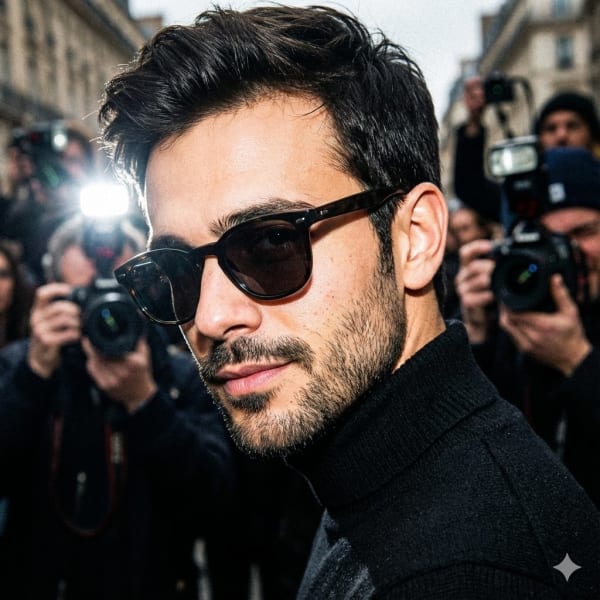 Unplanned paparazzi-style street portrait of a man — AI image prompt example
