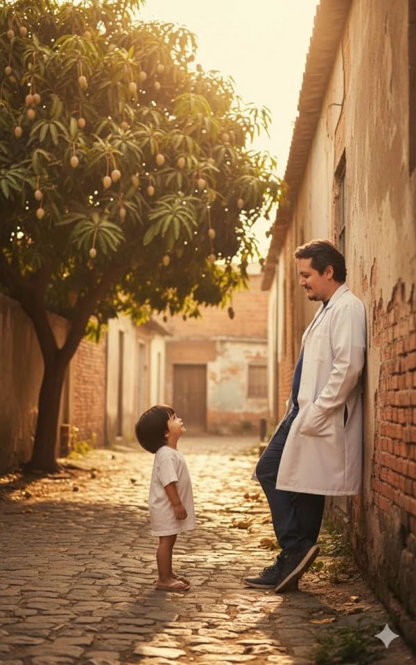 Adult meeting childhood self in alley — AI image prompt example