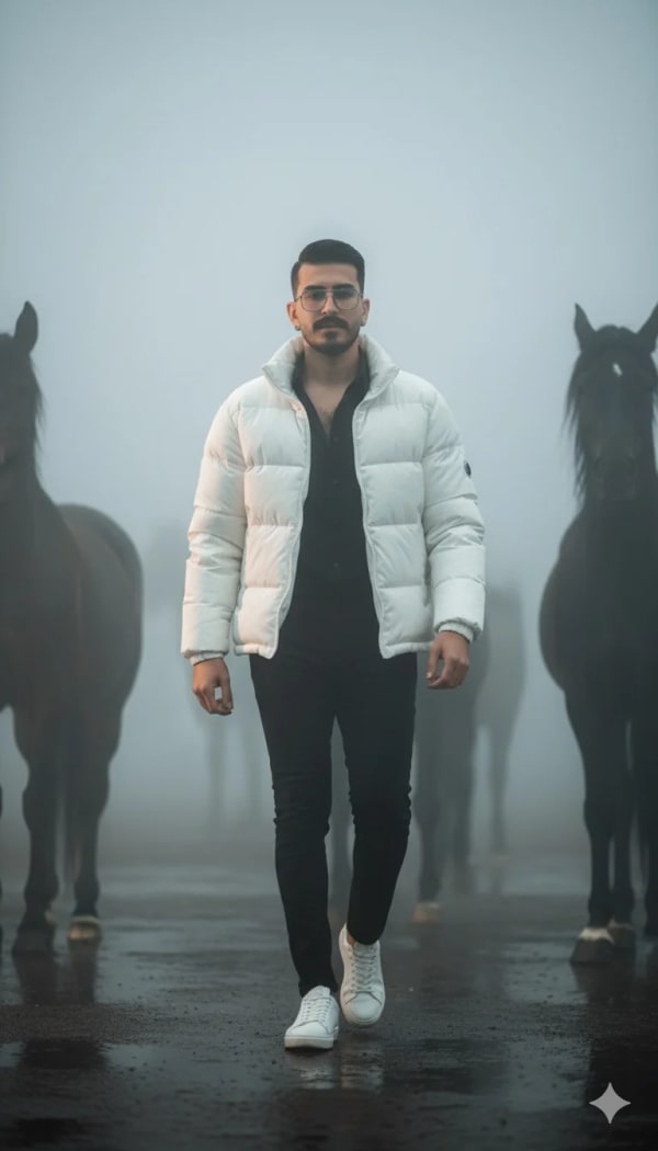White Jacket Foggy Day — AI image prompt example
