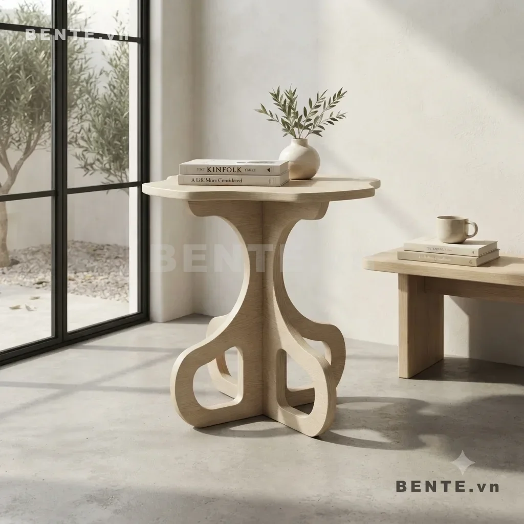 bàn cafe đặt cạnh sofa, bàn phụ phòng khách bo cong