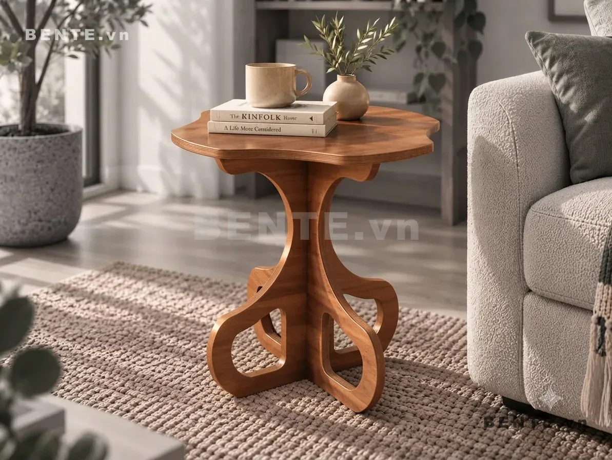 bàn sofa mặt bàn bo cong, bàn trà chân đế uốn cong