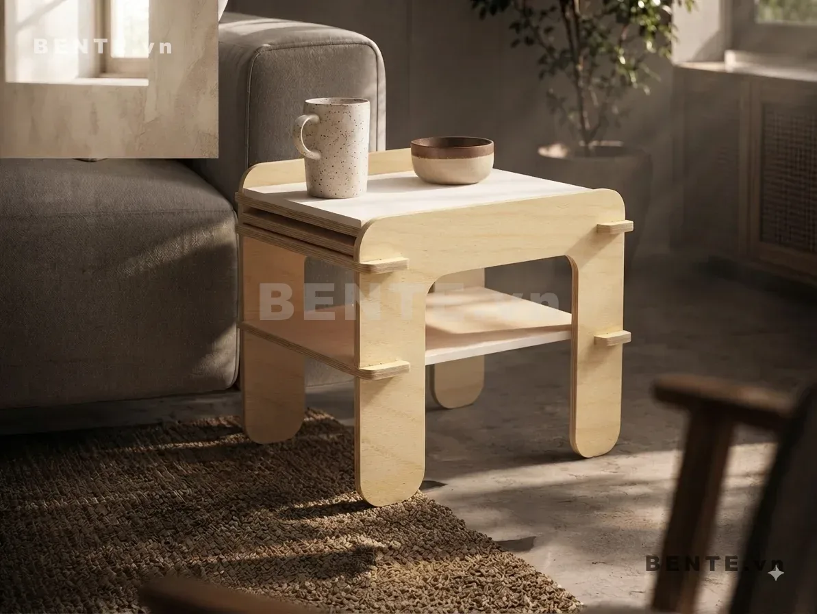 bàn trà có ngăn kệ mở, bàn sofa mặt chữ nhật bo góc