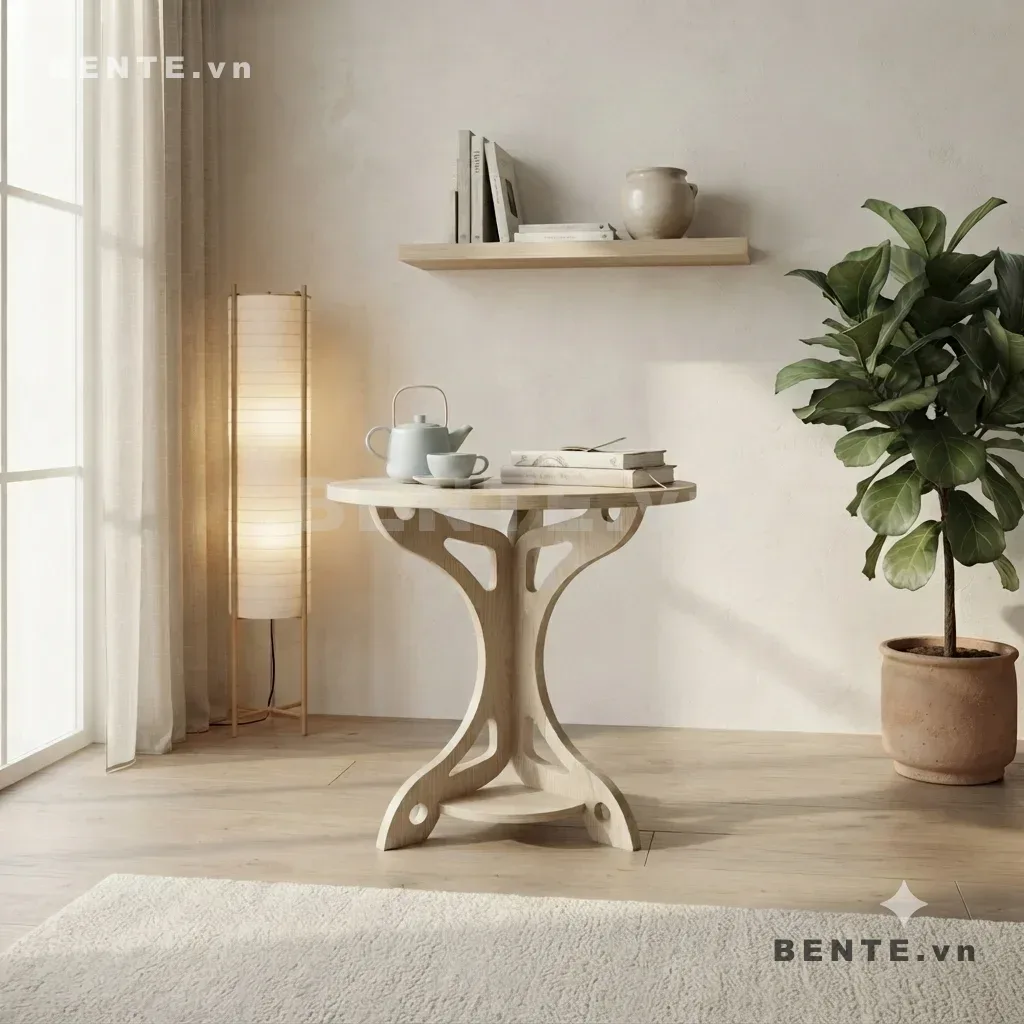 bàn cafe chân bản cong, bàn sofa kệ tròn thấp