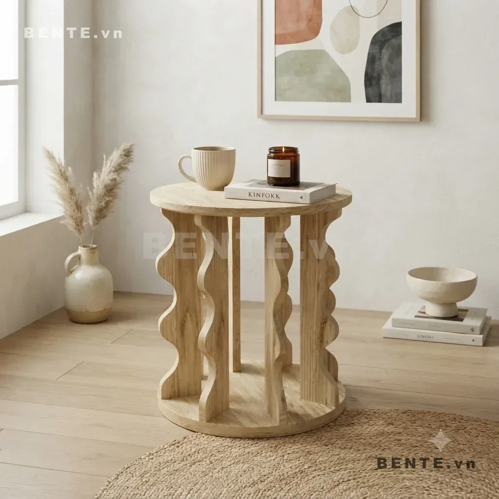 bàn cafe kệ tròn phía dưới, bàn tròn chân lượn sóng