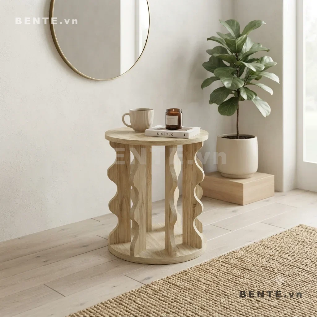 bàn cafe chân tấm gợn sóng, bàn sofa mặt tròn 2 tầng