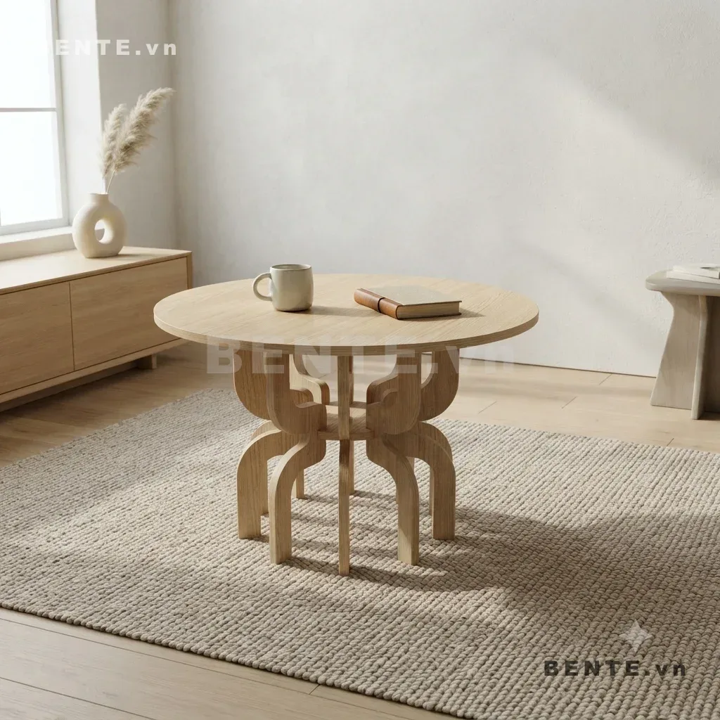 bàn tròn chân tấm xếp lớp, bàn phòng khách chân cong mở