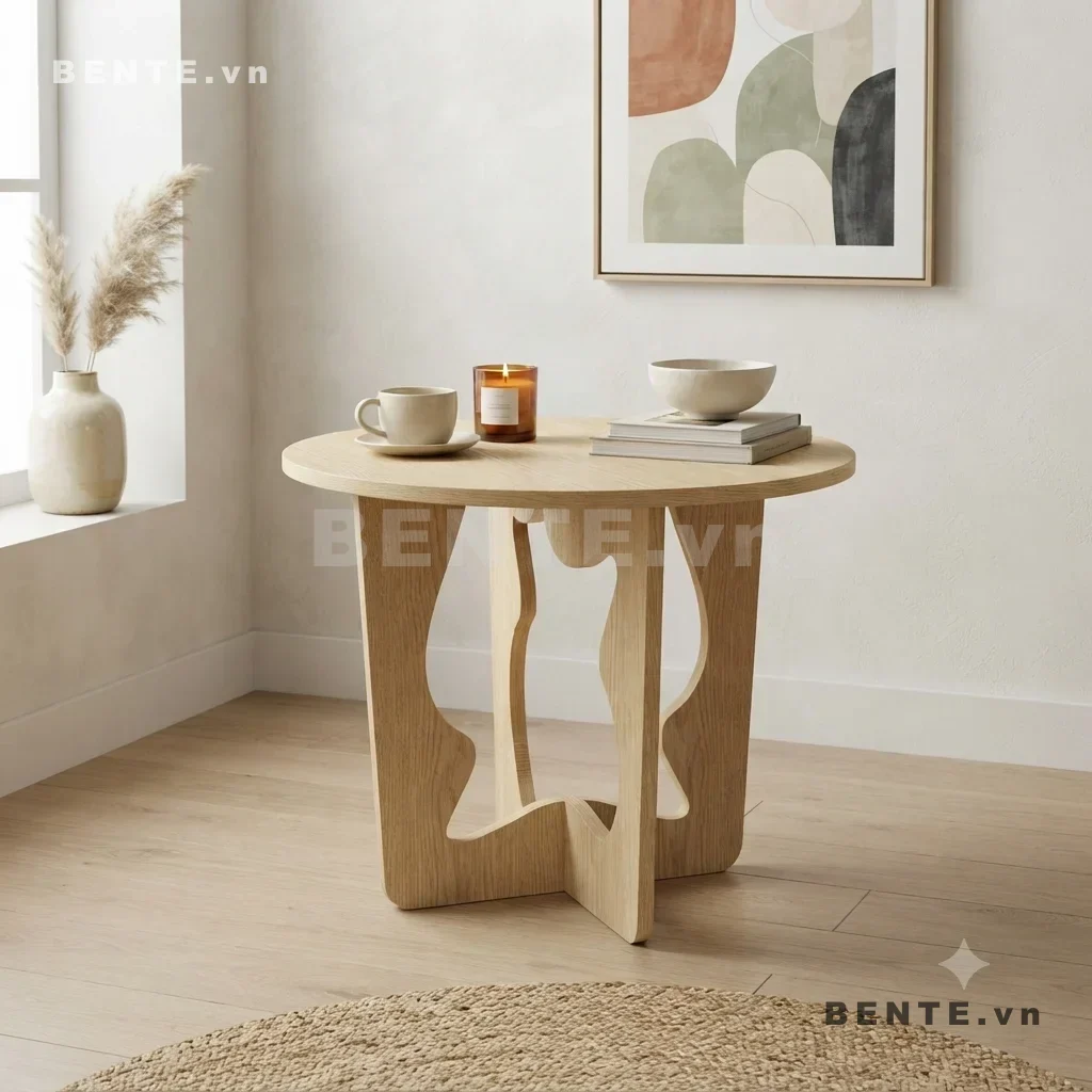 bàn chân tấm khoét hình hữu cơ, bàn cafe chân khoét cong