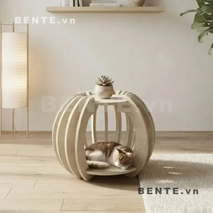 bàn cafe mặt tròn hộc thú cưng, bàn sofa có ổ thú cưng