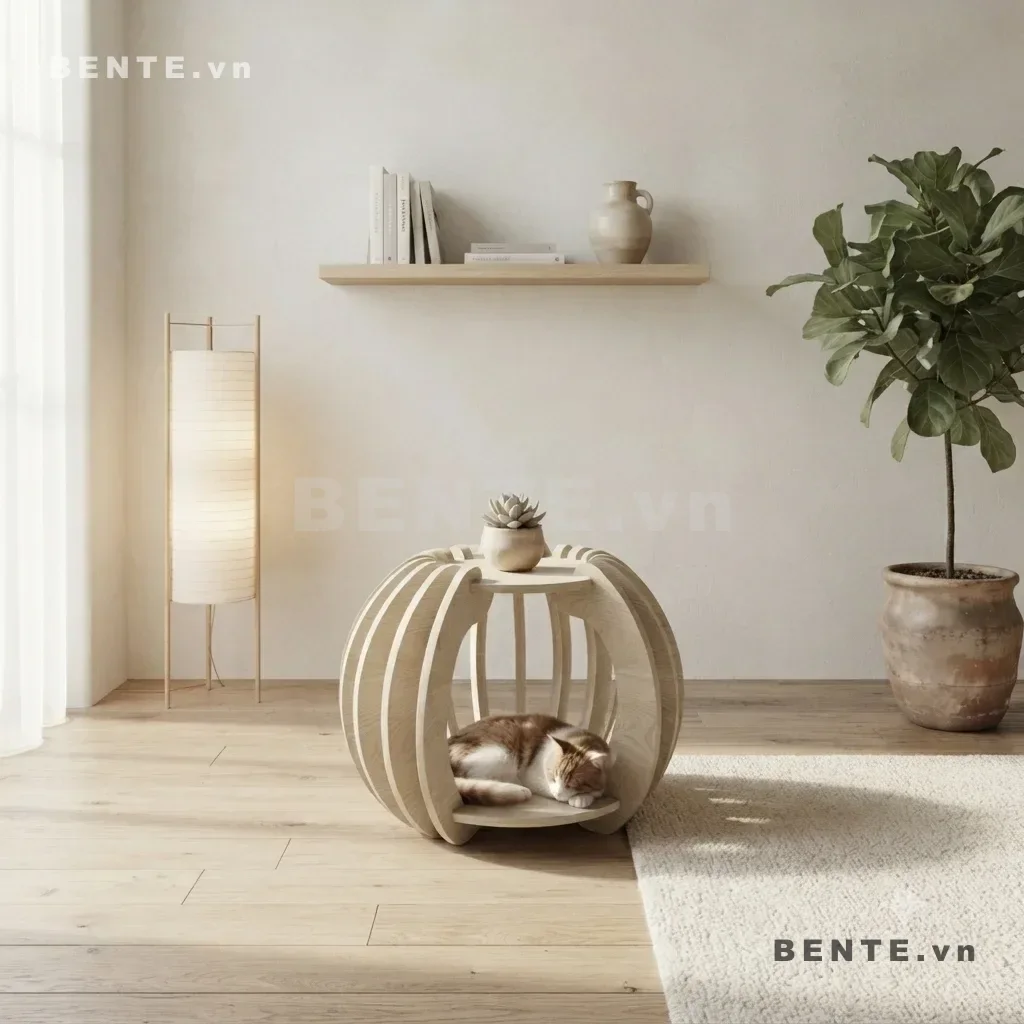 bàn mặt tròn khung nan, bàn sofa có hộc cho mèo