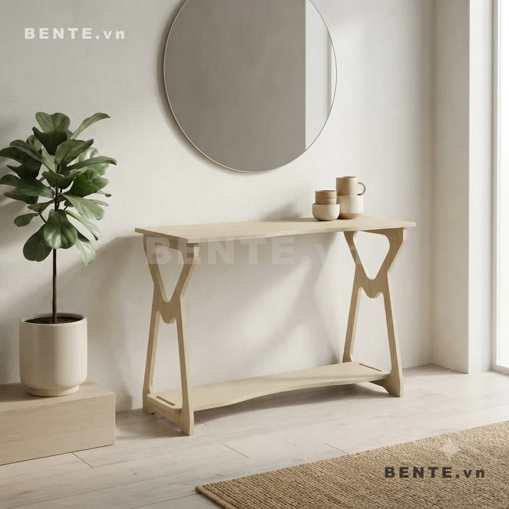bàn sau sofa 2 tầng, bàn hành lang có kệ