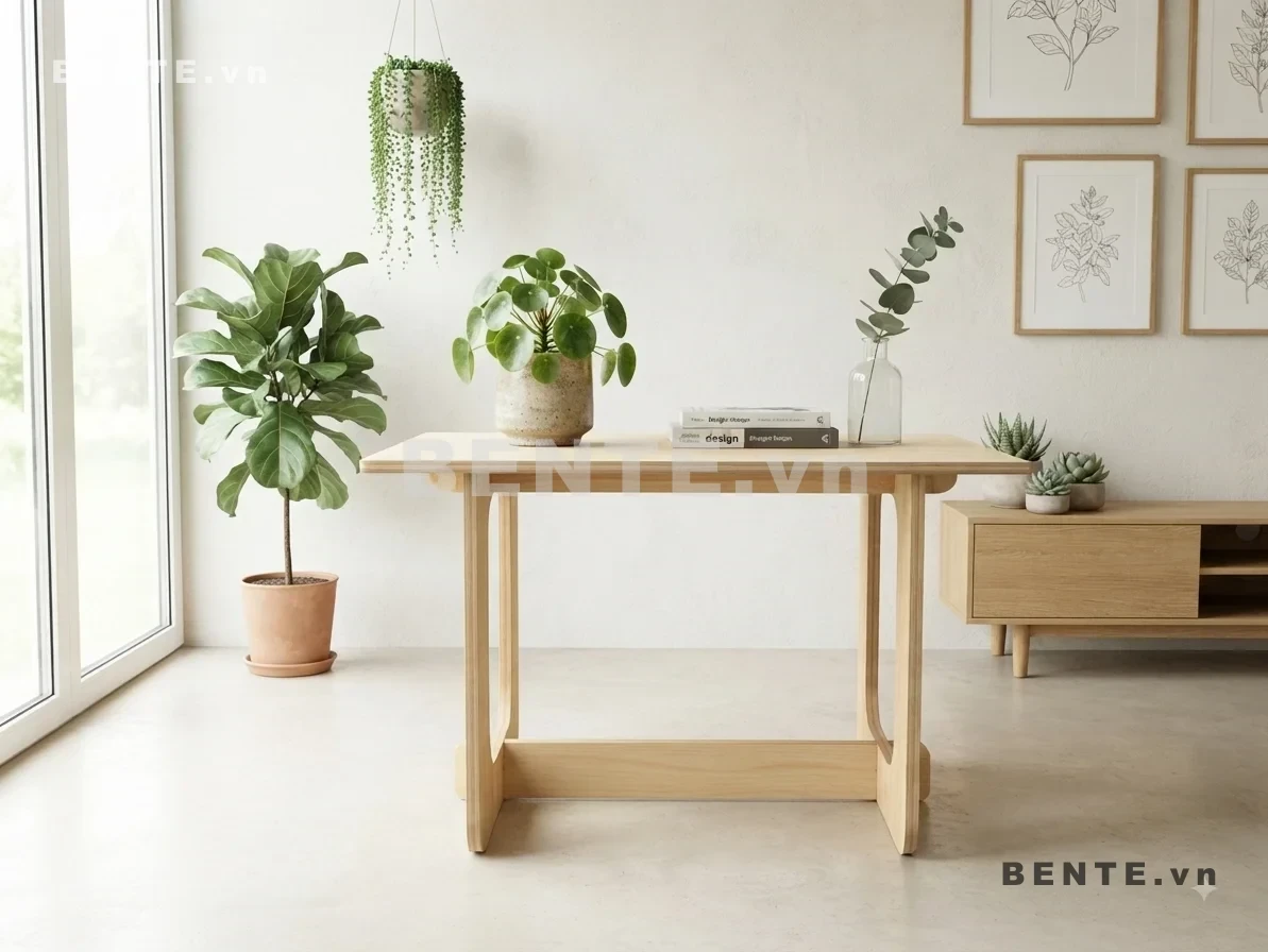 bàn decor chân bản rộng, bàn phụ khung chân bo cong
