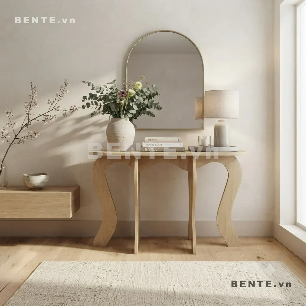 Bàn Gỗ Console Mặt Chữ Nhật, Chân Tấm Uốn Lượn, Lắp Ráp Đơn Giản - B58396, bàn console mặt chữ nhật, bàn console chân uốn lượn, bàn console chân tấm cong, bàn trang trí chân lượn sóng, bàn sau sofa chân cong, bàn console trụ giữa, bàn console dáng hẹp, bàn hành lang chân cong, bàn decor mặt chữ nhật, bàn console lắp ráp