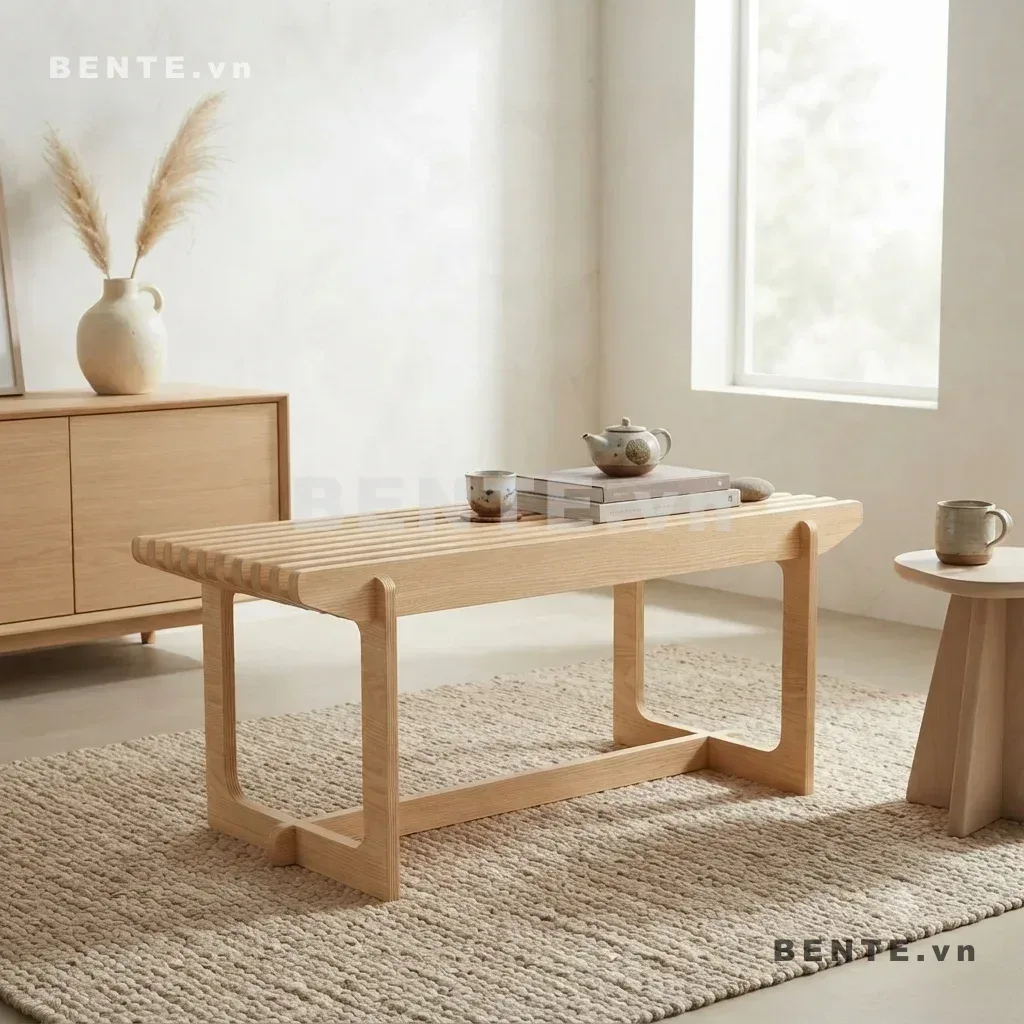 bàn sau sofa mặt nan, bàn console giằng ngang thấp