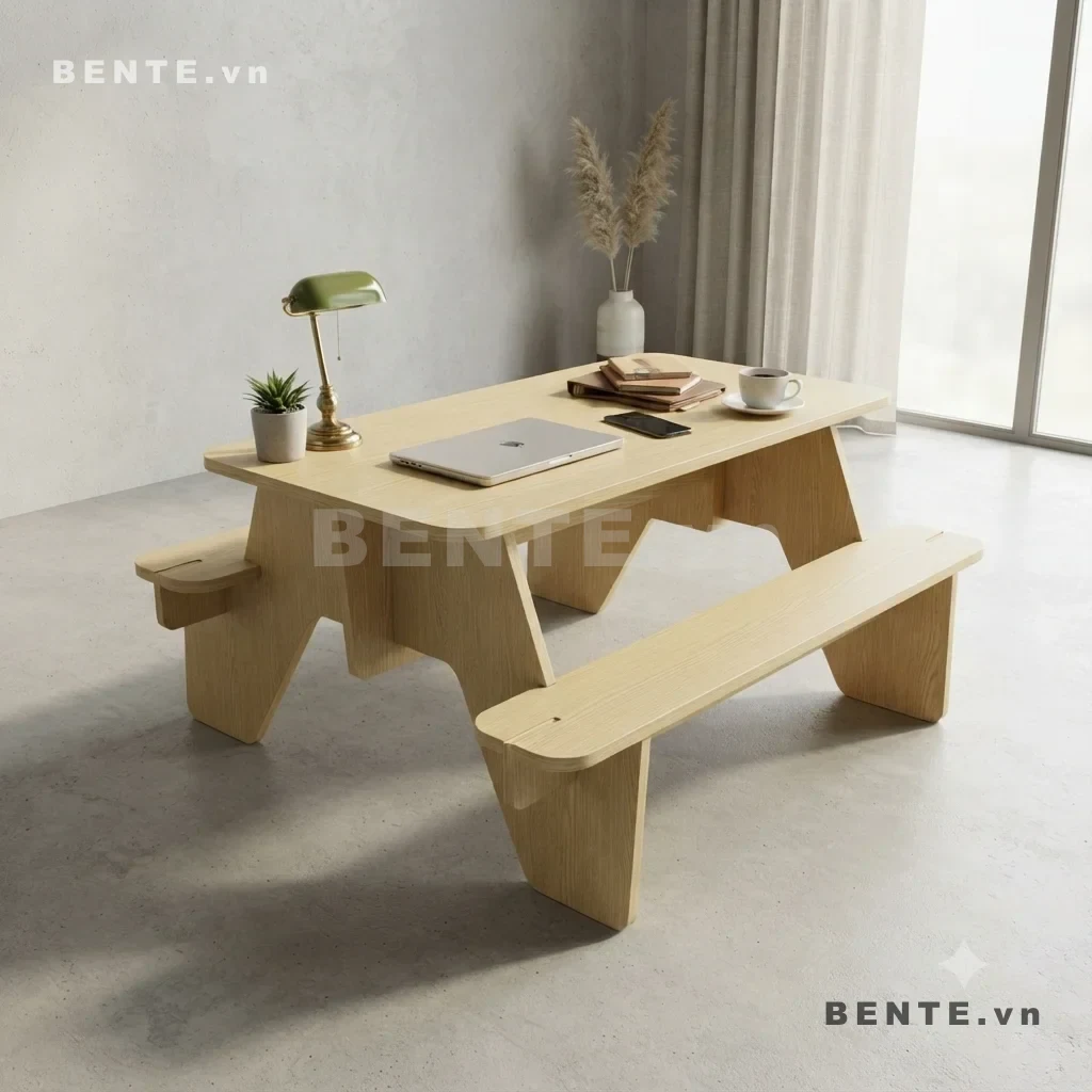 Bàn Gỗ Kèm Ghế Băng, Mặt Chữ Nhật Bo Góc, Chân Tấm Cong, Lắp Ráp Đơn Giản - B73146, bàn gỗ kèm ghế băng, bàn ăn kèm ghế băng, bàn làm việc kèm ghế, bàn ăn mặt chữ nhật bo góc, bàn chân tấm cong, bàn ăn chân bản rộng, bàn làm việc có ghế băng, bàn gia đình kèm ghế, bàn ăn chân khoét cong, bàn lắp ráp kèm ghế