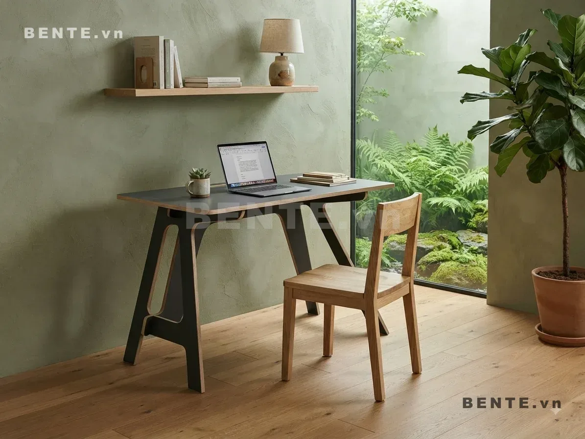 bàn làm việc chân tạo ô, bàn chữ nhật chân khoét vòm