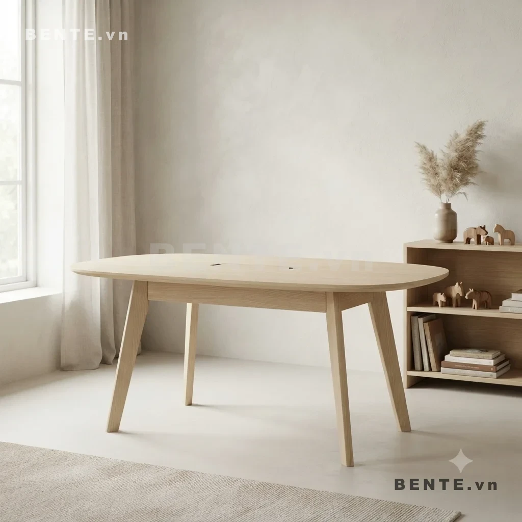 bàn gỗ 4 chân xòe, bàn học mặt bầu dục