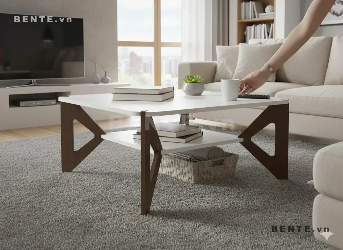 bàn sofa mặt vuông, bàn phòng khách có kệ