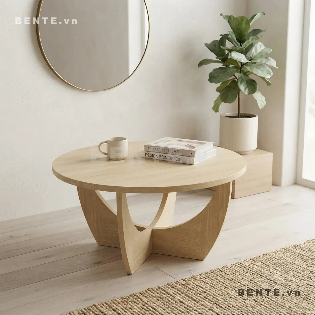 bàn sofa chân tấm giao nhau, bàn tròn chân khoét cong