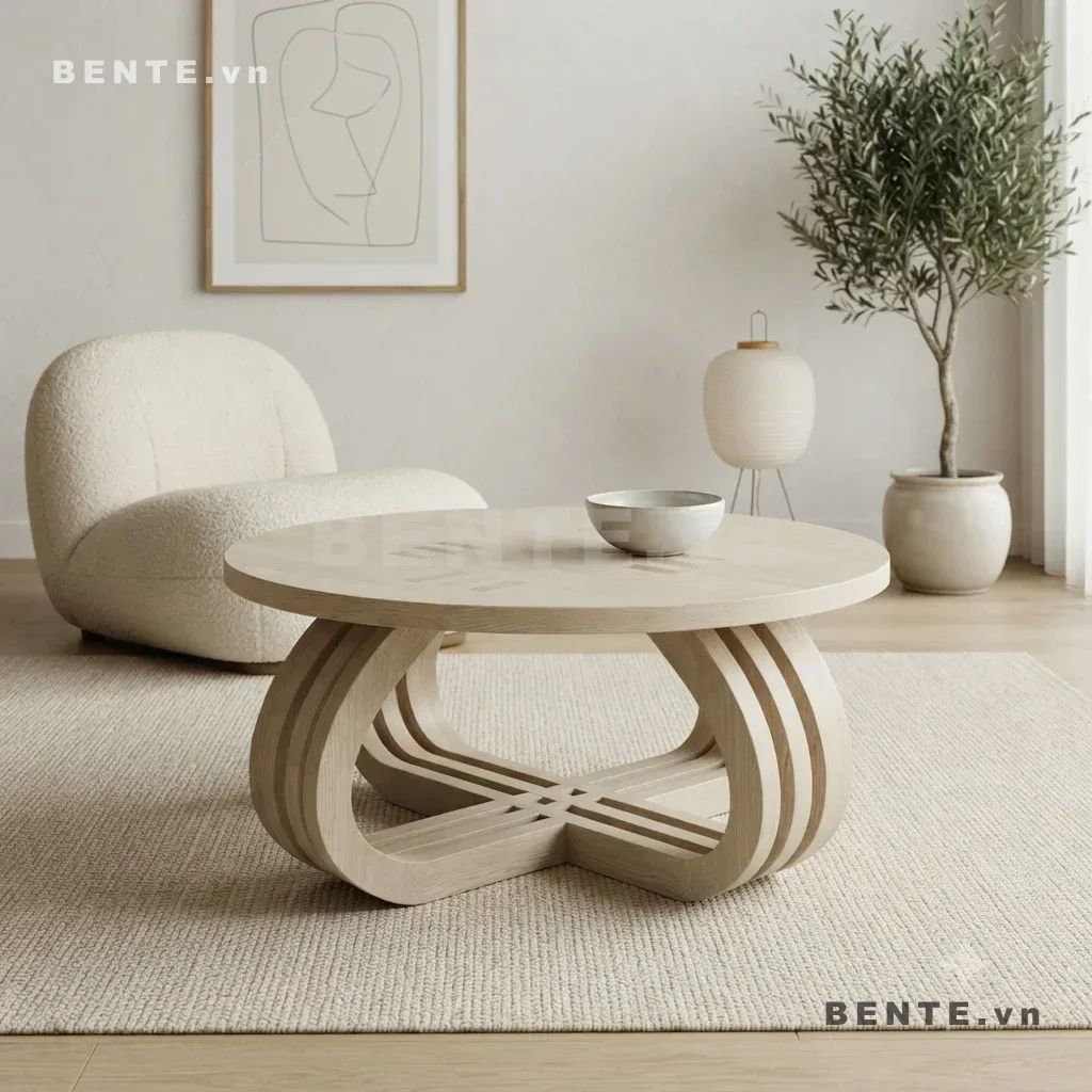 bàn tròn chân chữ X, bàn sofa chân dải cong