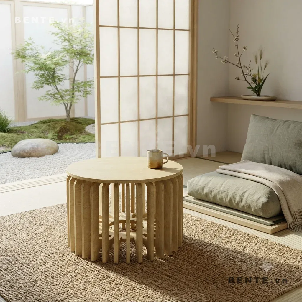 bàn tròn khung nan, bàn sofa chân nan bao quanh