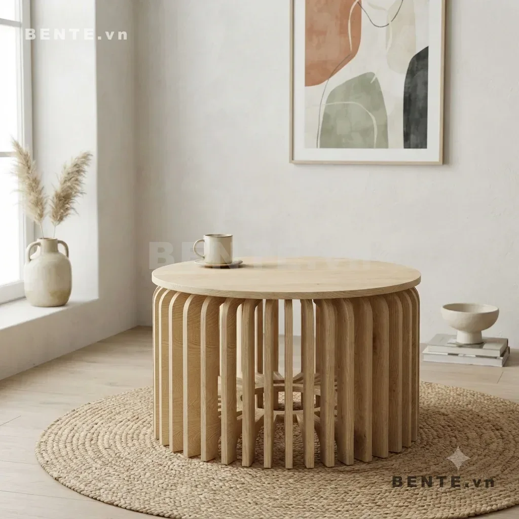 bàn sofa đế tròn bên trong, bàn phòng khách nan dọc bo cong