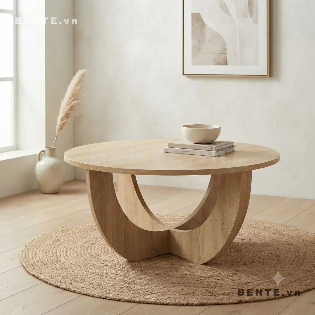 bàn tròn chân hình vòm, bàn sofa chân tấm