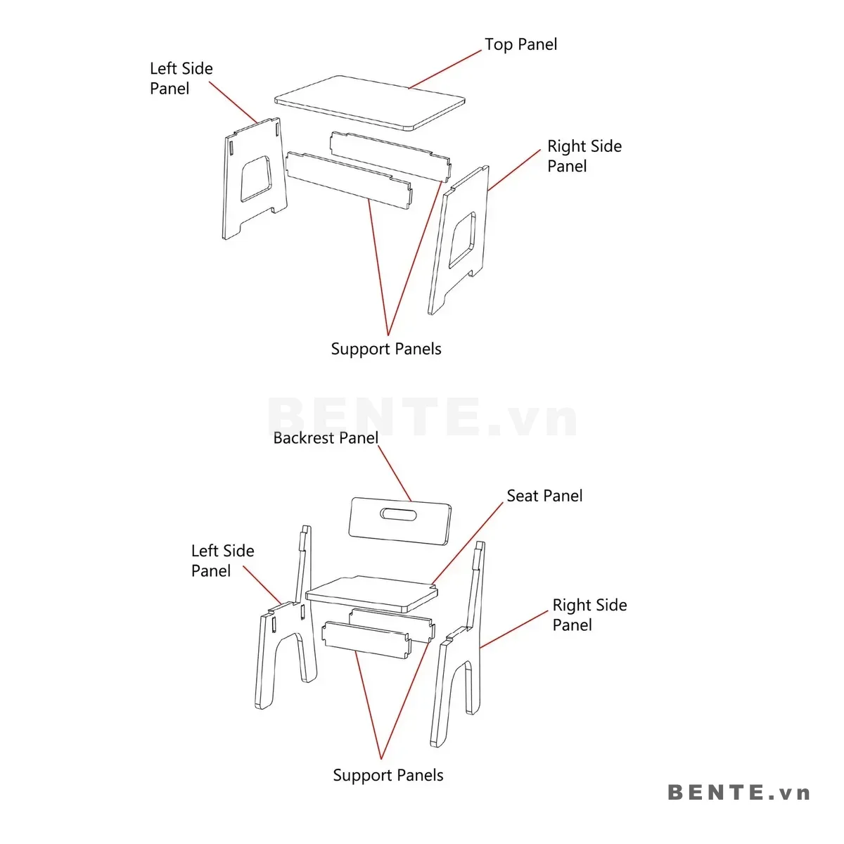 ảnh hướng dẫn lắp ráp, bàn học kèm ghế chân vòm cho trẻ em