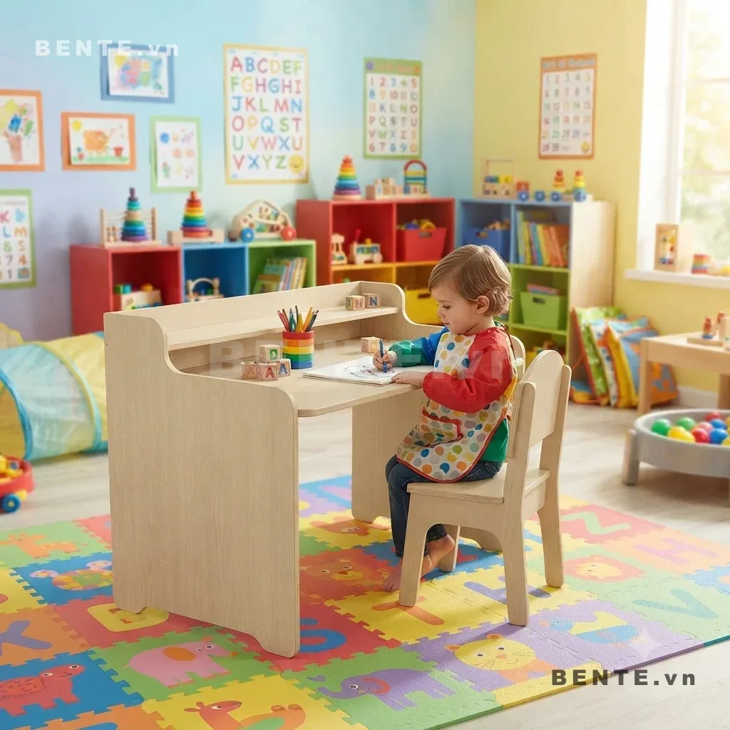 bàn học cho bé có kệ bên hông, bàn học kèm ghế có ngăn sách