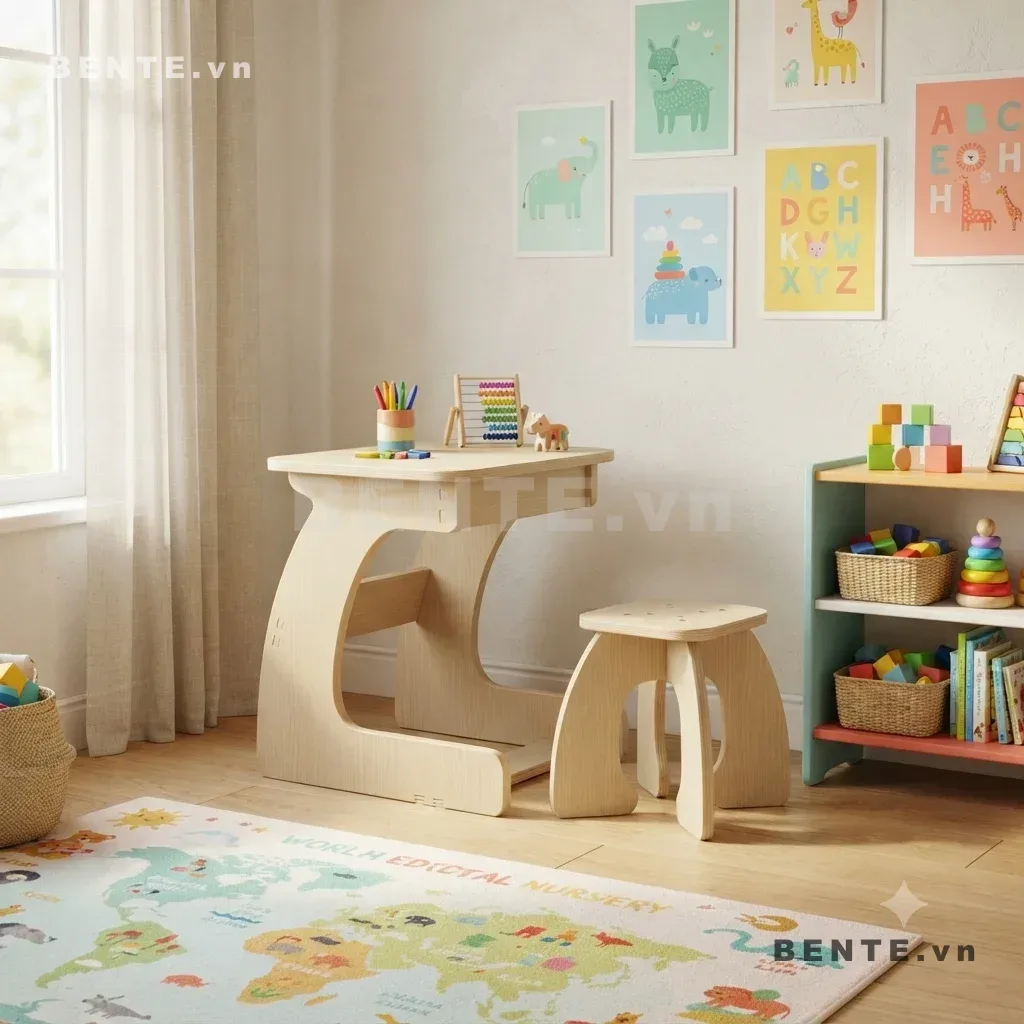 bàn học trẻ em thiết kế liền bộ, bàn học cho bé có chỗ ngồi riêng