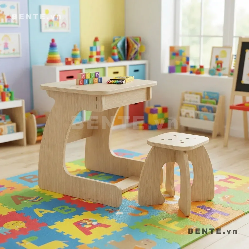 bàn học trẻ em chân cong, bộ bàn ghế học tập trẻ em